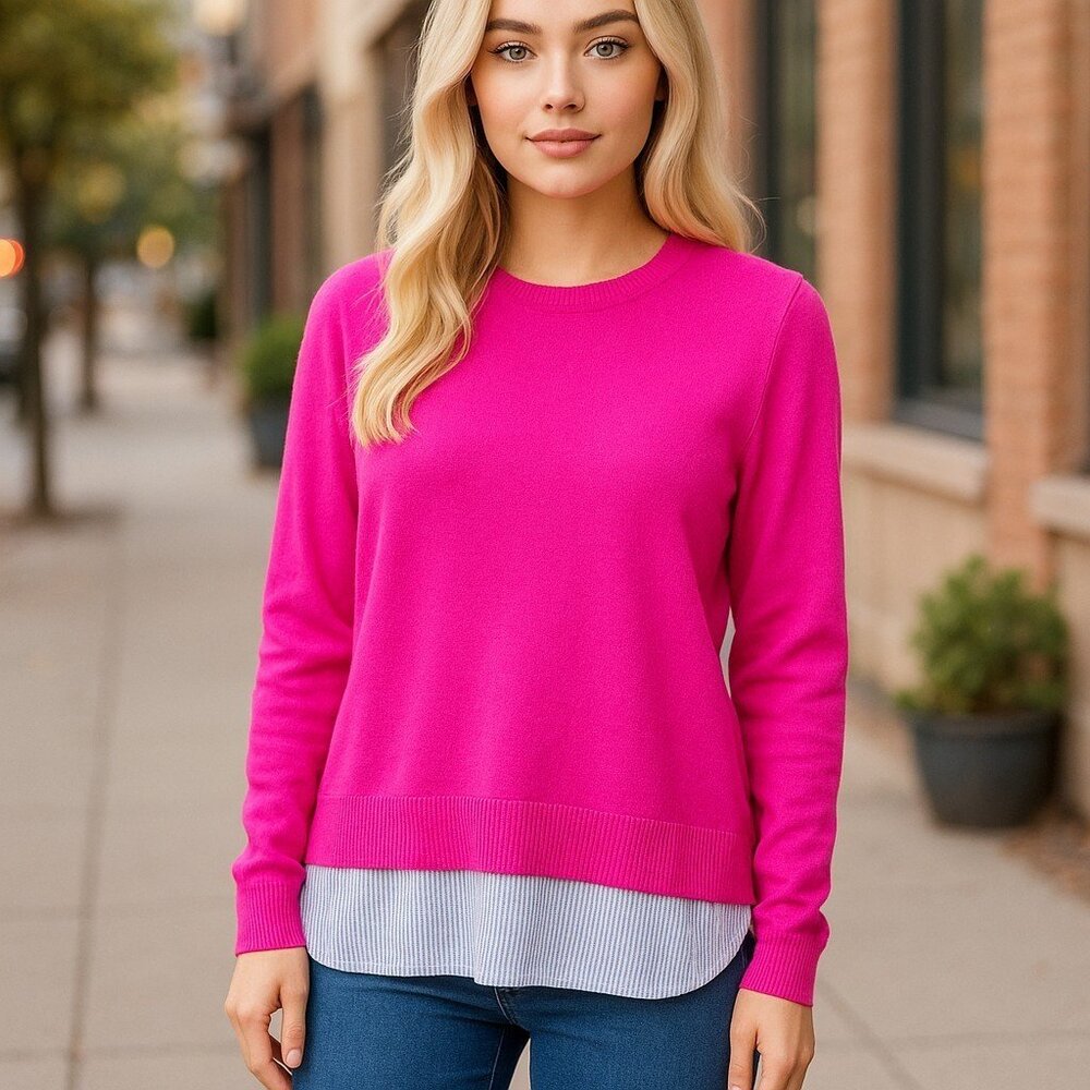 Joan Rivers Long Sleeve Sweater with Seersucker Detail Small Magenta - Picture 2 of 8